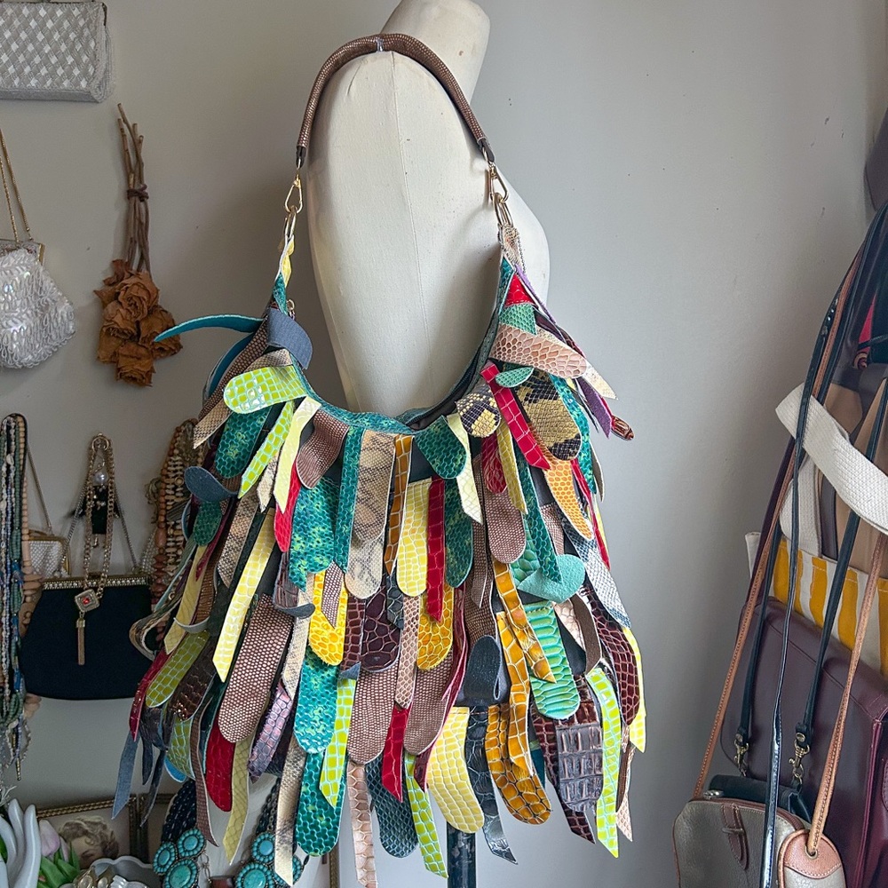 Cool Unique Multicolor Colorful Faux Leather Fringe Shoulder Bag